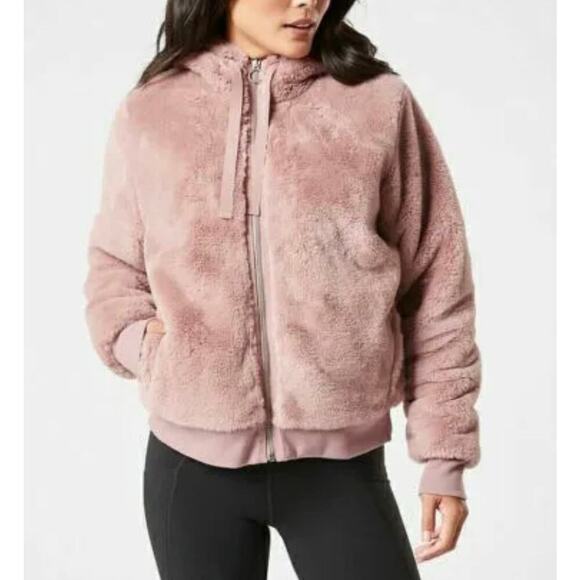 Athleta Ritual Jacket Hoodie Full Zipper Faux Fur Dogwood Mauve Pink Size Small - Picture 1 of 10